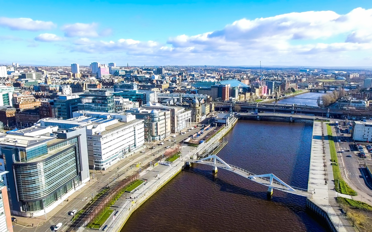 An aerial photograph of Glasgow over the River Clyde