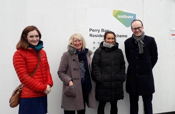 Image caption: A break in the rain on our tour of Perry Barr, with Sue Manns (RTPI President) and Ian MacLeod (BCC Chief Planner and Interim Director of Inclusive Growth)