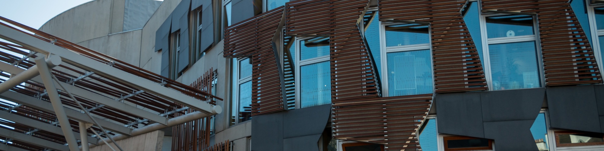 A photograph of the exterior of the Scottish Parliament