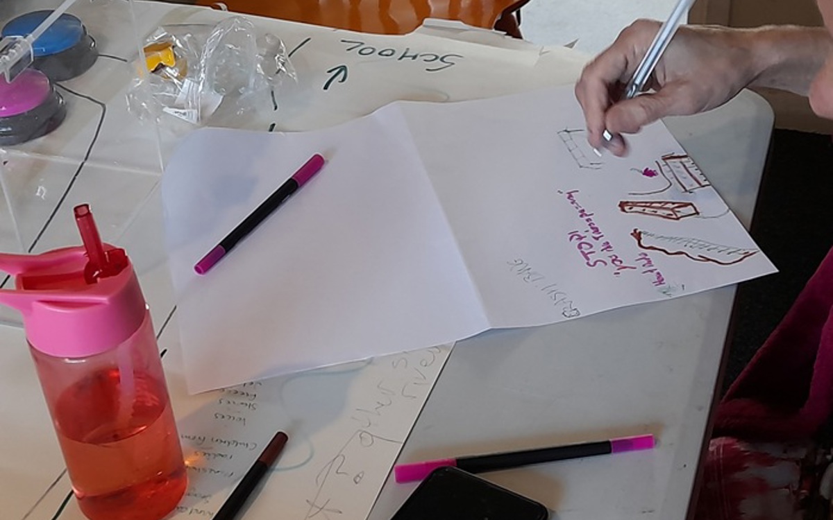 Someone's hand making notes at a table strewn with sheets of white paper, colourful pens and a pink reusable water bottle.